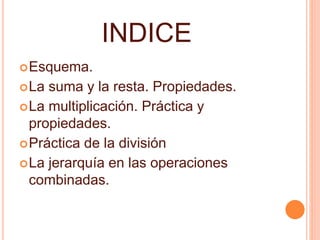INDICE 
Esquema. 
La suma y la resta. Propiedades. 
La multiplicación. Práctica y 
propiedades. 
Práctica de la división 
La jerarquía en las operaciones 
combinadas. 
 