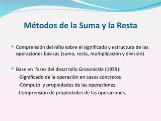 Métodos de la Suma y la Resta <ul><li>Comprensión del niño sobre el significado y estructura de las operaciones básicas (s...