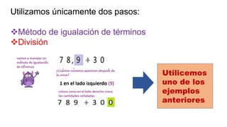 Utilizamos únicamente dos pasos:
Método de igualación de términos
División
Utilicemos
uno de los
ejemplos
anteriores
 