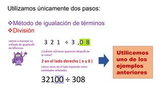 Utilizamos únicamente dos pasos:
Método de igualación de términos
División
Utilicemos
uno de los
ejemplos
anteriores
 