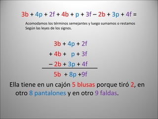 3b  +   4p  +  2f  +  4b  +   p  +  3f  –  2b  +  3p  +  4f  = 3b  +   4p  +  2f  +  4b  +   p  +  3f  –  2b  +  3p  +  4f 5b   +  8p  + 9f Ella tiene en un cajón  5 blusas  porque tiró  2 , en otro  8 pantalones  y en otro  9 faldas . Acomodamos los términos semejantes y luego sumamos o restamos Según las leyes de los signos. 
