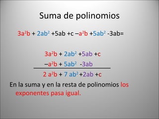 Suma de polinomios 3a 2 b  +  2ab 2  +5ab +c – a 2 b  + 5ab 2  -3ab= 3a 2 b  +  2ab 2  + 5ab  + c  – a 2 b  +  5ab 2   - 3ab 2 a 2 b  +  7 ab 2  + 2ab  + c En la suma y en la  resta  de polinomios  los exponentes pasa igual. 