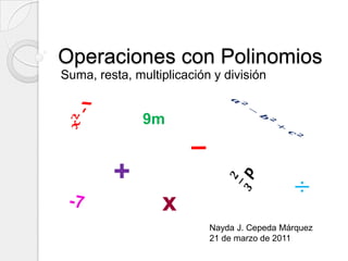 Operaciones con Polinomios
Suma, resta, multiplicación y división


               9m


         +
                  x
                           Nayda J. Cepeda Márquez
                           21 de marzo de 2011
 