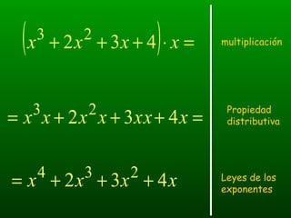 xxxx 432 234
+++=
( ) =⋅+++ xxxx 432 23
=+++= xxxxxxx 432 23
multiplicación
Propiedad
distributiva
Leyes de los
exponentes
 