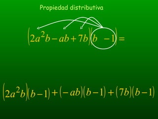 Propiedad distributiva
( )( )=−+− 172 2
bbabba
( )( )12 2
−bba ( )( )17 −bb( )( )1−− bab+ +
 
