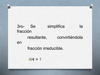 3ro- Se simplifica la
fracción
resultante, convirtiéndola
en
fracción irreducible.
4/4 = 1
 