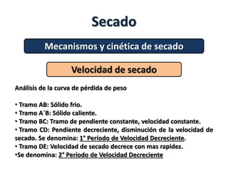 Secado
Mecanismos y cinética de secado
Velocidad de secado
Análisis de la curva de pérdida de peso
• Tramo AB: Sólido frio.
• Tramo A´B: Sólido caliente.
• Tramo BC: Tramo de pendiente constante, velocidad constante.
• Tramo CD: Pendiente decreciente, disminución de la velocidad de
secado. Se denomina: 1° Período de Velocidad Decreciente.
• Tramo DE: Velocidad de secado decrece con mas rapidez.
•Se denomina: 2° Período de Velocidad Decreciente
 