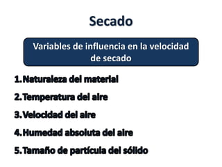 Secado
Variables de influencia en la velocidad
de secado
 