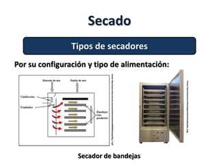Secado
Tipos de secadores
Por su configuración y tipo de alimentación:
Secador de bandejas
Fuente:http://www.virtual.unal.edu.co/cursos/sedes/manizales/4070035/images/Fig_7.7.gif
Fuente:http://www.brei.cl/site/images/stories/secadorpolen_2.jpg
 