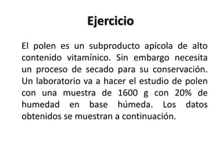 Ejercicio
El polen es un subproducto apícola de alto
contenido vitamínico. Sin embargo necesita
un proceso de secado para su conservación.
Un laboratorio va a hacer el estudio de polen
con una muestra de 1600 g con 20% de
humedad en base húmeda. Los datos
obtenidos se muestran a continuación.
 