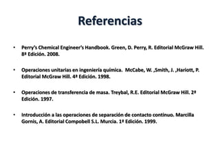 Referencias
• Perry’s Chemical Engineer’s Handbook. Green, D. Perry, R. Editorial McGraw Hill.
8ª Edición. 2008.
• Operaciones unitarias en ingeniería química. McCabe, W. ,Smith, J. ,Hariott, P.
Editorial McGraw Hill. 4ª Edición. 1998.
• Operaciones de transferencia de masa. Treybal, R.E. Editorial McGraw Hill. 2ª
Edición. 1997.
• Introducción a las operaciones de separación de contacto continuo. Marcilla
Gornis, A. Editorial Compobell S.L. Murcia. 1ª Edición. 1999.
 