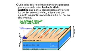 Una celda solar o célula solar es una pequeña
placa que suele estar hecha de silicio
cristalino que por su composición convierte la
luz del Sol en electricidad, al igual que por
ejemplo las plantas convierten la luz del Sol en
su alimento.
 
