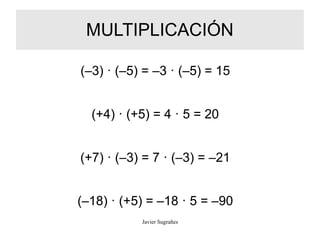 MULTIPLICACIÓN
(‒3) · (‒5) = ‒3 · (‒5) = 15
(+4) · (+5) = 4 · 5 = 20
(+7) · (‒3) = 7 · (‒3) = ‒21
(‒18) · (+5) = ‒18 · 5 = ‒90
Javier Sugrañes