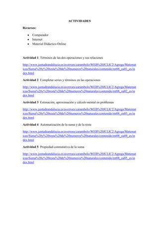ACTIVIDADES

Recursos:

       Computador
       Internet
       Material Didáctico Online



Actividad 1. Términos de las dos operaciones y sus relaciones

http://www.juntadeandalucia.es/averroes/carambolo/WEB%20JCLIC2/Agrega/Matemat
icas/Suma%20y%20resta%20de%20numeros%20naturales/contenido/mt08_oa01_es/in
dex.html

Actividad 2 Completar series y términos en las operaciones

http://www.juntadeandalucia.es/averroes/carambolo/WEB%20JCLIC2/Agrega/Matemat
icas/Suma%20y%20resta%20de%20numeros%20naturales/contenido/mt08_oa02_es/in
dex.html

Actividad 3 Estimación, aproximación y cálculo mental en problemas

http://www.juntadeandalucia.es/averroes/carambolo/WEB%20JCLIC2/Agrega/Matemat
icas/Suma%20y%20resta%20de%20numeros%20naturales/contenido/mt08_oa03_es/in
dex.html

Actividad 4 Automatización de la suma y de la resta

http://www.juntadeandalucia.es/averroes/carambolo/WEB%20JCLIC2/Agrega/Matemat
icas/Suma%20y%20resta%20de%20numeros%20naturales/contenido/mt08_oa04_es/in
dex.html

Actividad 5 Propiedad conmutativa de la suma

http://www.juntadeandalucia.es/averroes/carambolo/WEB%20JCLIC2/Agrega/Matemat
icas/Suma%20y%20resta%20de%20numeros%20naturales/contenido/mt08_oa05_es/in
dex.html
 