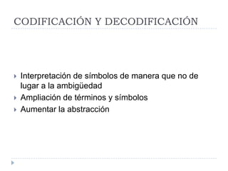 CODIFICACIÓN Y DECODIFICACIÓN




   Interpretación de símbolos de manera que no de
    lugar a la ambigüedad
   Ampliación de términos y símbolos
   Aumentar la abstracción
 