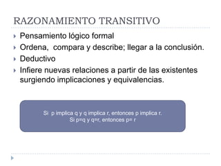 RAZONAMIENTO TRANSITIVO
   Pensamiento lógico formal
   Ordena, compara y describe; llegar a la conclusión.
   Deductivo
   Infiere nuevas relaciones a partir de las existentes
    surgiendo implicaciones y equivalencias.



          Si p implica q y q implica r, entonces p implica r.
                     Si p=q y q=r, entonces p= r
 
