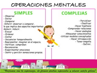 OPERACIONES MENTALES
- Parcializar
- Clasificar
-Hacer hipótesis
-Comprender relaciones
- Hacer analogías
-Almacenar conocimientos
- - -Utilizar modelos conceptuales
- Hacer introspección
- Tener empatía
- Definir.
- Observar
- Imitar
- Comparar
-Inferir: observar o comparar,
lo que implica dos aspectos importantes:
deducir, inducir.
- Evocar
- Ordenar
- Contar
- Secuenciar temporalmente
- Representar, imaginar en el espacio.
- Verificar, comprobar.
- Reconocerse.
- Experimentar emociones
- Sentir y percibir sensaciones propias.
 