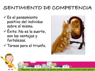 SENTIMIENTO DE COMPETENCIA
 Es el pensamiento
positivo del individuo
sobre sí mismo.
 Éxito: No es la suerte,
son las ventajas y
fortalezas.
 Tareas para el triunfo.
 