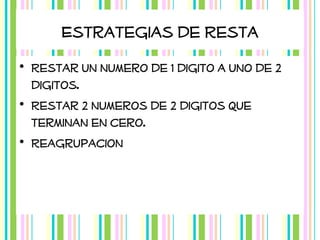 Estrategias de Resta
• Restar un numero de 1 digito a uno de 2
digitos.
• Restar 2 numeros de 2 digitos que
terminan en cero.
• Reagrupacion

 
