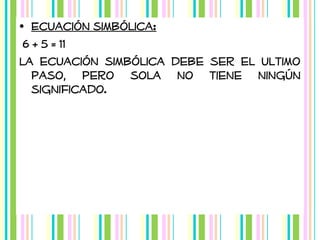 • Ecuación simbólica:
6 + 5 = 11
La ecuación simbólica debe ser el ultimo
paso, pero sola no tiene ningún
significado.

 