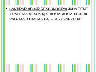 • Cantidad menor desconocida: Julia tiene
2 paletas menos que Alicia. Alicia tiene 10
paletas. Cuantas paletas tiene Julia?

 