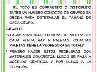 El todo es compartido o distribuido
entre un numero conocido de grupos en
orden para determinar el tamaño de
cada grupo.
Ejemplo:
Si la maestra tiene 3 fundas de paletas. En
cada funda hay 6 paletas. ¿Cuantas
paletas tiene la profesora en total?
• Primero hacer estos problemas con
materiales concretos, luego se pasa a
modelos gráficos y por ultimo a la
ecuación.

 