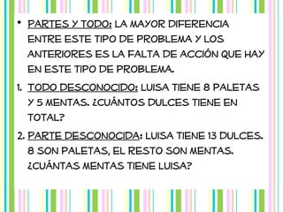 • Partes y todo: La mayor diferencia
entre este tipo de problema y los
anteriores es la falta de acción que hay
en este tipo de problema.
1. Todo desconocido: Luisa tiene 8 paletas
y 5 mentas. ¿Cuántos dulces tiene en
total?
2. Parte desconocida: Luisa tiene 13 dulces.
8 son paletas, el resto son mentas.
¿Cuántas mentas tiene Luisa?

 