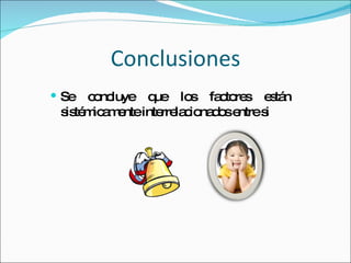 Conclusiones Se concluye que los factores están sistémicamente interrelacionados entre si 