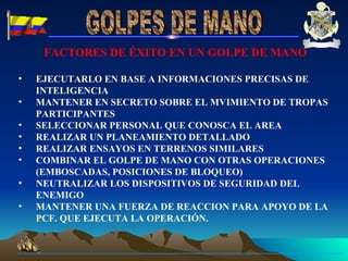 FACTORES DE ÉXITO EN UN GOLPE DE MANO EJECUTARLO EN BASE A INFORMACIONES PRECISAS DE INTELIGENCIA MANTENER EN SECRETO SOBRE EL MVIMIENTO DE TROPAS PARTICIPANTES  SELECCIONAR PERSONAL QUE CONOSCA EL AREA REALIZAR UN PLANEAMIENTO DETALLADO REALIZAR ENSAYOS EN TERRENOS SIMILARES COMBINAR EL GOLPE DE MANO CON OTRAS OPERACIONES (EMBOSCADAS, POSICIONES DE BLOQUEO) NEUTRALIZAR LOS DISPOSITIVOS DE SEGURIDAD DEL ENEMIGO MANTENER UNA FUERZA DE REACCION PARA APOYO DE LA PCF. QUE EJECUTA LA OPERACIÓN. GOLPES DE MANO 