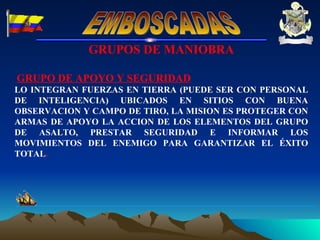 GRUPOS DE MANIOBRA GRUPO DE APOYO Y SEGURIDAD LO INTEGRAN FUERZAS EN TIERRA (PUEDE SER CON PERSONAL DE INTELIGENCIA) UBICADOS EN SITIOS CON BUENA OBSERVACION Y CAMPO DE TIRO, LA MISION ES PROTEGER CON ARMAS DE APOYO LA ACCION DE LOS ELEMENTOS DEL GRUPO DE ASALTO, PRESTAR SEGURIDAD E INFORMAR LOS MOVIMIENTOS DEL ENEMIGO PARA GARANTIZAR EL ÉXITO TOTAL .  EMBOSCADAS 