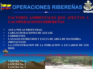 FACTORES AMBIENTALES QUE AFECTAN A LAS OPERACIONES RIBEREÑAS AGUA POCAS PROFUNDAS. LARGAS DURACIONES DE AGUAJE. CORRIENTES CANALES ESTRECHOS Y FALTA DE AREA DE MANIOBRA OBSTACULOS LA CONCETRACION DE LA POBLACION A LO LARGO DE LOS RIOS ORGANIZACIÓN DE LA PATRULLA DE COMBATE FLUVIAL (P.C.F.) LANCHA No. 1 LANCHA No. 2 LANCHA No. 3 OPERACIONES RIBEREÑAS 