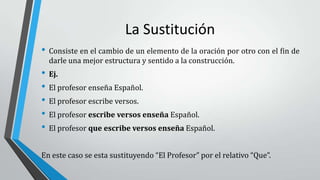 La Sustitución
• Consiste en el cambio de un elemento de la oración por otro con el fin de
darle una mejor estructura y sentido a la construcción.
• Ej.
• El profesor enseña Español.
• El profesor escribe versos.
• El profesor escribe versos enseña Español.
• El profesor que escribe versos enseña Español.
En este caso se esta sustituyendo “El Profesor” por el relativo “Que”.
 