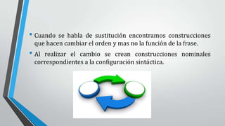 • Cuando se habla de sustitución encontramos construcciones
que hacen cambiar el orden y mas no la función de la frase.
• Al realizar el cambio se crean construcciones nominales
correspondientes a la configuración sintáctica.
 