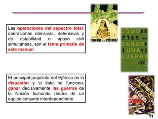 11
Las operaciones del espectro total,
operaciones ofensivas, defensivas y
de estabilidad o apoyo civil
simultáneas, son el tema primario de
este manual
El principal propósito del Ejército es la
disuasión y si ésta no funciona,
ganar decisivamente las guerras de
la Nación luchando dentro de un
equipo conjunto interdependiente.
 