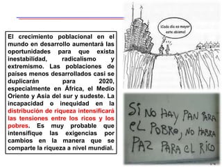 14
El crecimiento poblacional en el
mundo en desarrollo aumentará las
oportunidades para que exista
inestabilidad, radicalismo y
extremismo. Las poblaciones de
países menos desarrollados casi se
duplicarán para 2020,
especialmente en África, el Medio
Oriente y Asia del sur y sudeste. La
incapacidad o inequidad en la
distribución de riqueza intensificará
las tensiones entre los ricos y los
pobres. Es muy probable que
intensifique las exigencias por
cambios en la manera que se
comparte la riqueza a nivel mundial.
 