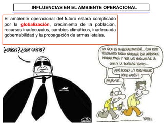 20
El ambiente operacional del futuro estará complicado
por la globalización, crecimiento de la población,
recursos inadecuados, cambios climáticos, inadecuada
gobernabilidad y la propagación de armas letales.
INFLUENCIAS EN EL AMBIENTE OPERACIONAL
 