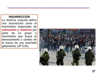 27
INSURRECCIÓN
La doctrina conjunta define
una insurrección como el
movimiento organizado de
subversión y violencia por
parte de un grupo o
movimiento que busca el
derrocamiento o cambio de
la fuerza de una autoridad
gobernante. (JP 3-24).
 