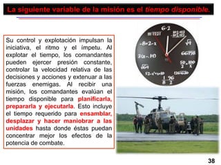 38
Su control y explotación impulsan la
iniciativa, el ritmo y el ímpetu. Al
explotar el tiempo, los comandantes
pueden ejercer presión constante,
controlar la velocidad relativa de las
decisiones y acciones y extenuar a las
fuerzas enemigas. Al recibir una
misión, los comandantes evalúan el
tiempo disponible para planificarla,
prepararla y ejecutarla. Esto incluye
el tiempo requerido para ensamblar,
desplazar y hacer maniobrar a las
unidades hasta donde éstas puedan
concentrar mejor los efectos de la
potencia de combate.
La siguiente variable de la misión es el tiempo disponible.
 