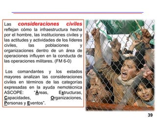 39
Las consideraciones civiles
reflejan cómo la infraestructura hecha
por el hombre, las instituciones civiles y
las actitudes y actividades de los líderes
civiles, las poblaciones y
organizaciones dentro de un área de
operaciones influyen en la conducta de
las operaciones militares. (FM 6-0)
Los comandantes y los estados
mayores analizan las consideraciones
civiles en términos de las categorías
expresadas en la ayuda nemotécnica
ASCOPE: “Áreas, Estructuras,
Capacidades, Organizaciones,
Personas y Eventos”.
 