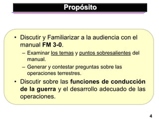 4
Propósito
• Discutir y Familiarizar a la audiencia con el
manual FM 3-0.
– Examinar los temas y puntos sobresalientes del
manual.
– Generar y contestar preguntas sobre las
operaciones terrestres.
• Discutir sobre las funciones de conducción
de la guerra y el desarrollo adecuado de las
operaciones.
 