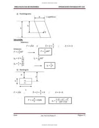 UMSA-FACULTAO DE INGENIERIA
a) Paralelogramo
h
SOLUCIÓN:
Sabemos:
' '
:◄ b ►: ( supe1ficie)
,:...----..,
'
'
- h
F =yhA y h = y =-
______ 2
Entonces:
f = y h bh2
2
b) Rectángu lo
•
H
•
b
'
Cp
b
F=yM ✓
1
F = -ybh2
2
•
y
- h
h=y=-+H
2
h
.
,
OPERACIONES UNITARIAS PET-245
.
,
2 (H - h)3
- H3
F = y(
2+H)bh
Yp =3 (2H +h)h
Gula Aux. José Luis Huanca P. Página 17
UPLOADED BY JORGE BLANCO CHOQUE
UPLOADED BY JORGE BLANCO CHOQUE
 