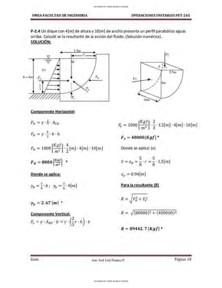 UMSA-FACULTAO DE INGENIERIA OPERACIONES UNITARIAS PET-245
P-2.4 Un dique con 4[m] de altura y lO[m] de ancho presenta un perfil parabólico aguas
arriba. Calculé se la resultante de la acción del fluido. (Solución numérica).
SOLUCIÓN:
H,0
/¡ =4n1I F,,
--+--+---
1.5,n
Componente Horizontal:
h
FH =y. - . b. h
2
X
F
' N
'
►
IFy
1
A 1-
2.511'1
F11 Fx
[
Kgf] 2
Fv =1000 m3 •
3·1.S[m] · 4[m] · lO[m]
F,, =40000 [Kgf] *
[
Kgf] 4
Flf = 1000 m3
•
2
[m] · 4[m] · lO[m] Donde se aplica: (x)
5 5
i = Xp =
8
· r =
8
· 1.S[m]
Donde se aplica: Xp =0.94[m]
2 2
Yp = 8
• h; Yp = 8
• 4[m] Para la resultante {R)
Yp =2. 67 [m] *
Componente Vertical: R = Jcaoooo)2 + (400000)2
Fv = y ·Aso · b = y · (!r · h) · b
R = 89442. 7 [Kgf] *
Gula Aux. José Luis Huanca P. Página 18
UPLOADED BY JORGE BLANCO CHOQUE
UPLOADED BY JORGE BLANCO CHOQUE
 