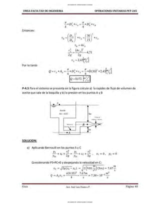 UMSA-FACULTAD DE lNGENIERIA OPERACIONES UNITARIAS PET-245
Entonces:
Vo=
(~;)
2
*
VA=
(~~)
2
* VA
V 8 =4 VJI
V~ =(4v,1)2- 4 71
'
2g 2g
VA =2,43r;{J
Por lo tanto
P-4.S Para el sistema se presenta en la figura calcule a) la rapides de flujo de volumen de
aceite que sale de la boquilla y b) la presionen los puntos A y B
- s
- -------- -------·
- '.
-
Aceite
SG = 0.85 3ni
3.Smm
,/.h1.11
e¡ it11
l(IOmm ,¡,. - -----B-...-------
di..11J1i'IJ~ I rntµ·
. t
)111
---- --- --• 1t ------------ --
SOLUCION:
a) Aplicando Bernoulli en los puntos Sy C
Guía
2 2
Ps Vs P
e Ve
- +zs +- = - +ze+ -
YAc 2g YAc 2g
V¡= o. Pi = o
Considerando PS=PC=O y despejando la velosidad en C:
Ve =✓29(zs - Ze) = 2 (9.81 ~) (3m) = 7.67 7
rr(0.35)2 7.67m _3
m3
Q = A2V2 =
---*
--=
7.38* 10 -
4 s s
Aax. José Luis Huanca P. Página 40
UPLOADED BY JORGE BLANCO CHOQUE
UPLOADED BY JORGE BLANCO CHOQUE
 