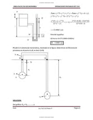 UMSA-FACULTAO DE INGENIERIA
8
t -
- ,-
z
h
Df 1----- -
--------------------- - --
Di
Cf
GJ
OPERACIONES UNITARIAS PET-245
Pahn +y *5 +r * z+ y* y = Pahn +r' *(y +h+y)
r*5+r*z-r' *h=2*r' * y- y*y
r*(S+z) - r ' *h 1*(5+8.16) - 13.6*0.6
(2 *r' - r) = y ➔ y = (2*13.6- 1)
y = 0.19083 (rn)
Pero de la grafica:
Hf=h+y+y=.6+2 *0.19083=0.982(m)
P-1.6 En el sistema de manómetros, mostrado en la figura. Determinar al diferencia de
presiones en el punto A y B, es decir (A-B).
Yz ......__
M N
- -
- •
•
H2
- •
H1
Y1 A '
A H3
8
•
.
Y3 -
SOLUCION:
Del gráfico: PM = PN.............. a
Gula Aux. José Luis Huanca P. Página 6
UPLOADED BY JORGE BLANCO CHOQUE
UPLOADED BY JORGE BLANCO CHOQUE
 