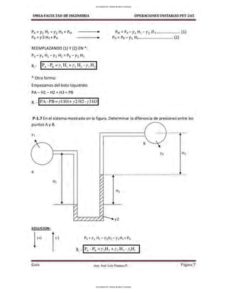 UMSA-FACULTAO DE INGENIERIA
pA= Y1 H1 +Y2 H2 + PM
Ps = y3 H3+ PN
REEMPLAZANDO (1) Y (2) EN*:
PA-Yl H1 -rzH2= Ps-Y3 H3
R.- (PA -PB=r1 H1+ r2 H2 -r3H3(
* Otra forma:
Empezamos del bolo izquierdo:
PA- Hl- H2 + H3 = PB
R. -!PA-PB =ylHl+ y2H2- y3 H
31
OPERACIONES UNITARIAS PET-245
PM = PA- Yl H1 -rz Hz........................ (1)
PN = Ps - y3 H3.................................. (2)
P-1.7 En el sistema mostrado en la figura. Determinar la diferencia de presiones entre los
puntos A y B.
Y
1
B
A
y2
SOLUCION:
(+) (-)
Gula Aux. José Luis Huanca P. Página 7
UPLOADED BY JORGE BLANCO CHOQUE
UPLOADED BY JORGE BLANCO CHOQUE
 