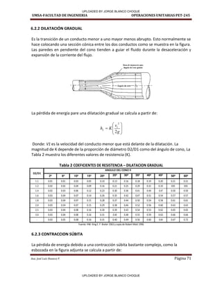 UMSA-FACULTAD DE INGENIERIA OPERACIONES UNITARIAS PET-245
Aux. José Luis Huanca P. Página 71
6.2.2 DILATACIÓN GRADUAL
Es la transición de un conducto menor a uno mayor menos abrupto. Esto normalmente se
hace colocando una sección cónica entre los dos conductos como se muestra en la figura.
Las paredes en pendiente del cono tienden a guiar el fluido durante la desaceleración y
expansión de la corriente del flujo.
La pérdida de energía pare una dilatación gradual se calcula a partir de:









g
v
K
hL
2
2
1
Donde: V1 es la velocidad del conducto menor que está delante de la dilatación. La
magnitud de K depende de la proporción de diámetro D2/D1 como del ángulo de cono, La
Tabla 2 muestra los diferentes valores de resistencia (K).
Tabla 2 COEFICIENTES DE RESISTENCIA – DILATACION GRADUAL
D2/D1
ANGULO DEL CONO θ
2º 6º 10º 15º 20º 25º 30º 35º 40º 45º 50º 60º
1.1 0.01 0.01 0.03 0.05 0.10 0.13 0.16 0.18 0.19 0.20 0.21 0.21
1.2 0.02 0.02 0.04 0.09 0.16 0.21 0.25 0.29 0.31 0.33 035 035
1.4 0.02 0.03 0.06 0.12 0.23 0.30 0.36 0.41 0.44 O.47 0.50 0.50
1.6 0.03 0.04 0.07 0.14 0.26 0.35 0.42 0,47 0.51 0.54 0.57 0.57
1.8 0.03 0.04 0.07 0.15 0.28 0.37 0.44 0.50 0.54 0.58 0.61 0.61
2.0 0.03 O.O4 0.07 0.15 0.29 0.38 0,46 0.52 0.56 0.60 0.63 0.63
2.5 0.03 0.04 0.08 0.16 0.30 0.39 0.43 0.54 0.53 0.62 0.65 0.65
3.0 0.03 0.04 0.08 0.16 0.31 O.40 0.48 0.55 0.59 0.63 0.66 0.66
- 0.03 0.05 0.08 0.16 0.31 0.40 0.49 0.56 0.60 O.64 0.67 0.72
Fuente: HW. King E. F. Brater 1963 y copia de Robert Mott 1996
6.2.3 CONTRACCION SÚBITA
La pérdida de energía debido a una contracción súbita bastante complejo, como la
esbozada en la figura adjunta se calcula a partir de:
Zona de separación para
ángulo de cono grand,;:
(} -Ángulo de cono- Di-
UPLOADED BY JORGE BLANCO CHOQUE
UPLOADED BY JORGE BLANCO CHOQUE
 