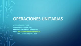 OPERACIONES UNITARIAS
LEYLA CAÑIZARES PÉREZ.
INGENIERA CIVIL INDUSTRIAL
MBA DIRECCION GENERAL EMPRESARIAL
EMAIL: LEYLA.CANIZARES@UACONCAGUA.CL
LEYLA.CANIZARES@GMAIL.COM
 