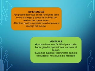DIFERENCIAS
•Se puede decir que en las funciones tiene
como una regla y ayuda la facilidad de
realizar las operaciones.
•Mientras que los operador solo hacemos el
manejo del mouse.

VENTAJAS
•Ayuda a tener una facilidad para poder
hacer grandes operaciones y ahorrar el
tiempo.
•Evitamos cualquier instrumento como la
calculadora, nos ayuda a la facilidad.

 