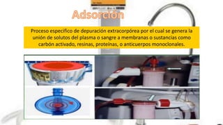 Proceso especifico de depuración extracorpórea por el cual se genera la
unión de solutos del plasma o sangre a membranas o sustancias como
carbón activado, resinas, proteínas, o anticuerpos monoclonales.
 