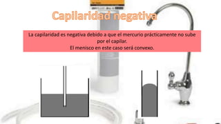 La capilaridad es negativa debido a que el mercurio prácticamente no sube
por el capilar.
El menisco en este caso será convexo.
 